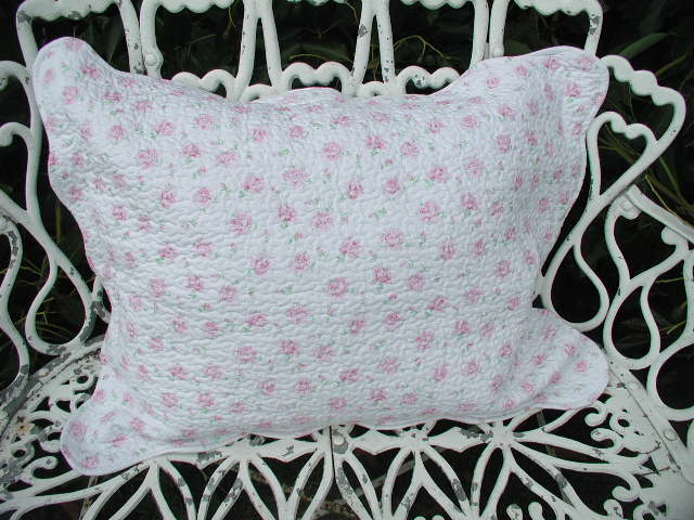 Claudia Quilted Pillow Shams King Size Pair 2 Pink Roses Wht On